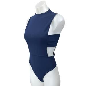 Missguided Blue Crew Neck Sleeveless Cutout Zip Stretch Bodysuit Tank Top Size 6